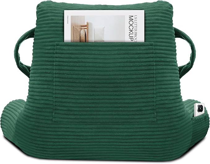 Reading Pillow for Sitting in Bed Adult, Bed Reading Pillow with Shredded Memory Foam, Back Pillow for Sitting with Arms and Pockets, Green