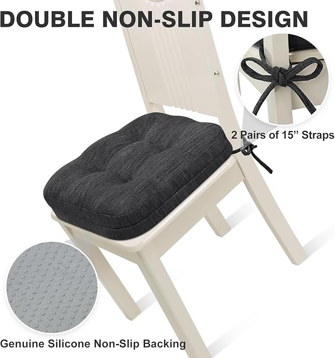 Shinnwa Dining Chair Cushions Set of 2, Dual-Layer Memory Foam Kitchen Chair Cushions, Patented Design Seat Pads with Ties, 16.5 x 16.5 x 3.5in, 2 Pack, Charcoal