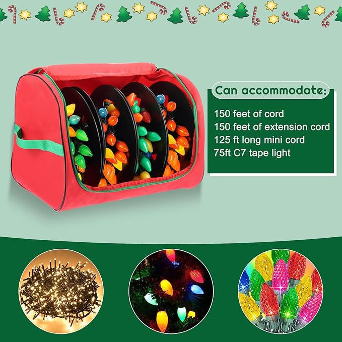 Christmas Light Storage Bag with Reels- Holds up to 750ft of Mini Lights. 600D Zipper Bag & Container for Holiday Xmas Lights. A Classic Storage Solution! (1, RED)