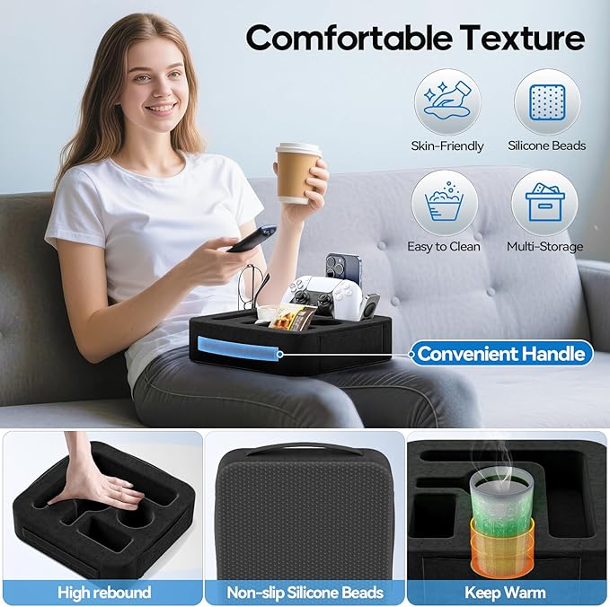 Couch Cup Holder Pillow, Sofa and Bed Caddy for iPad, Kindle, Switch, Game Controller, Remotes, Phones, Small-Sized Cup and Drink Holder for Couch, Bed, Desk, Car, Beach, Bathroom Cup Holder, Black