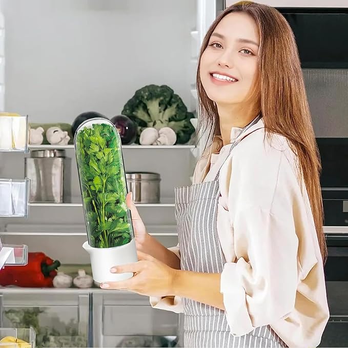 Herb Keeper for Refrigerator, Herb Saver Cilantro Containers for Refrigerator, Fresh Herb Keeper for Cilantro, Parsley, Asparagus, Mint, Keeps Greens Vegetables for 2-3 Weeks