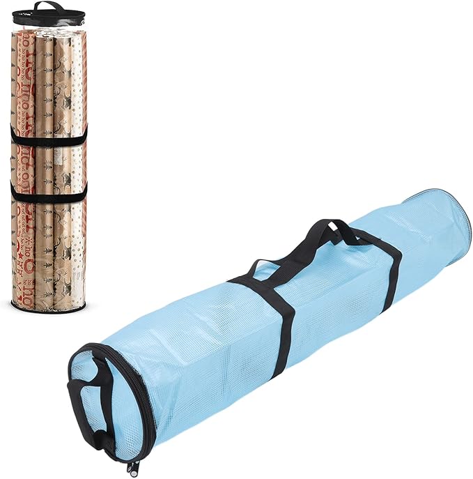 Clear Wrapping Paper Storage Bag, Gift Wrap Organizer with, Transparent Bag for Rolls, Space Saving Design with Handle for Closet or Under Bed Storage (Transparent Blue)