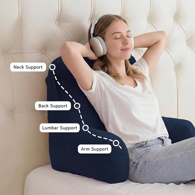 Unisakey Portable Comfy Reading Pillows for Bed Sitting Up(Royal Blue Oeko-Tex), Velvet Back Pillow with Arms & Pockets for Adults, Support Memory Foam Bed Pillow for Dorm/Reading/Watching/Gaming