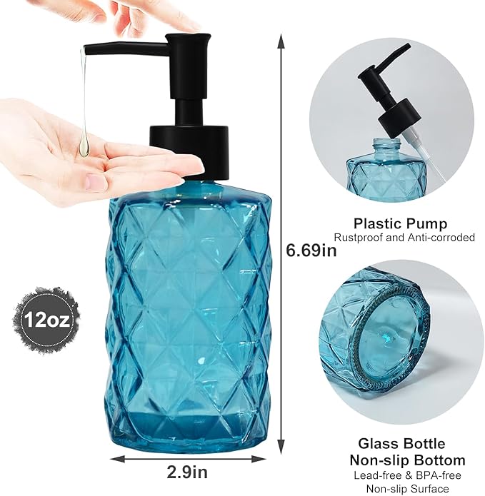 YYTSGG Blue Glass Soap Dispenser with Black Plastic Pump, 12oz Refillable Liquid Hand Soap Dispenser, Crystal Lotion Bottle for Modern Home Decor, Bathroom, Kitchen Countertop, Hotel