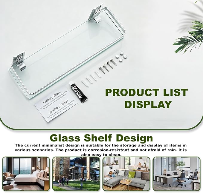 AIJALY 3 Pack Bathroom Glass Shelf,Aluminum Tempered Glass 0.3in Extra Thick Rectangular 1 Tier Storage Organizer Wall Mount,Silver 15.7in