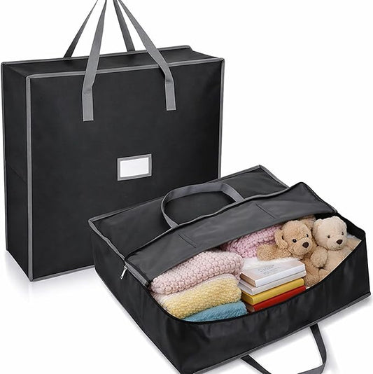 SATINIOR 2 Pack Large Storage Bags with Handles Clothes Blanket Foldable Moving Storage with Double Zipper Foldable Square Bag Organizer for Comforters Books Bedding & Closet(Oxford,24 Inches)