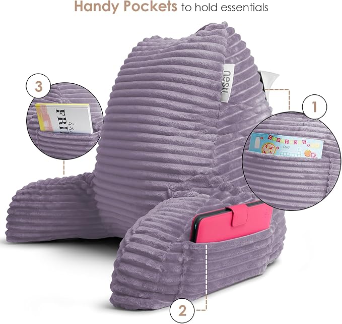 Nestl Dusty Purple Reading Pillow with Bed Desk for Laptop and Writing, Luxe Cut Plush Back Pillow for Sitting Up, Back and Arms Adjustable Support for Adult & Teens, Foldable Lap Desk for Bed 22x14”