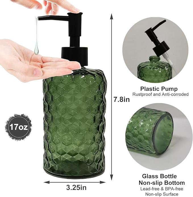 Green Glass Soap Dispenser with Plastic Pump, 17oz Hand Soap Dispenser for Kitchen & Bathroom, Great for Lotions, Essential Oil, Liquid Soaps
