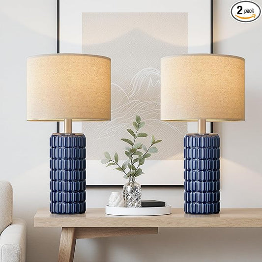 23" Modern Ceramic Table Lamps Set of 2 - Table Lamps for Living room, Farmhouse Bedside Night Stands Lamp for Bedroom, White Boho Nightstand Lamps Set of 2, Desk Lamp for End Table Home Decor(Blue)