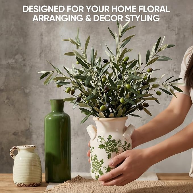 Ceramic Vases Set of 3,Farmhouse Vintage Rustic Boho Decorative Vases with Handles,Green & Beige Modern Neutral Pottery Vases for Table Centerpiece,Living Room,Mantel,Kitchen,Shelf,Entryway&Home Decor