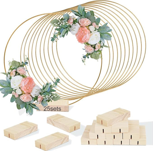 25Pcs 12 Inch Metal Floral Hoop Centerpiece with Stand for Table, Metal Macrame Gold Wreath Ring with 25Pcs Holders Stand for DIY Wedding Decor Wall Hanging Dream Catcher Crafts