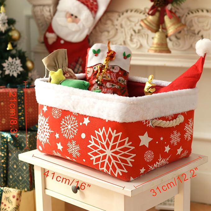 INough Christmas Ornament Storage Box Holiday Decoration Organizer, Christmas Basket for Kids Large Gifts Baskets Empty with Handles Christmas Santa Sack with Drawstring (Large, Snowflake)