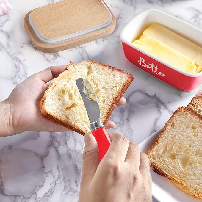 ALELION Red Butter Dish with Lid and Knife for Countertop, Ceramic Butter Container with Beech Wood Lid, Airtight Butter Keeper for Counter, for Red Kitchen Decor and Accessories