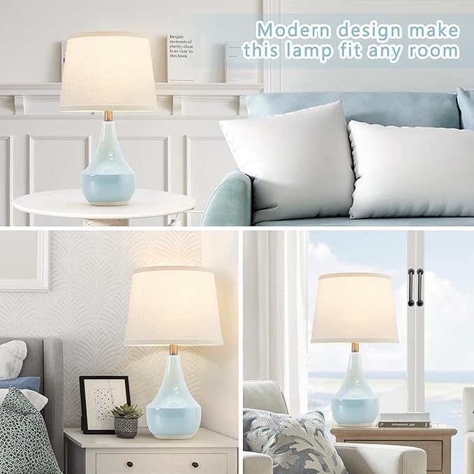 GyroVu 18" Table Lamp Set of 2, Ceramic Lamp Classic Beside Lamps Nightstand Lamp Modern Cute Lamp for Living Room, Bedroom & Office Rocker Swtich Sky Blue-LED Bulbs Included