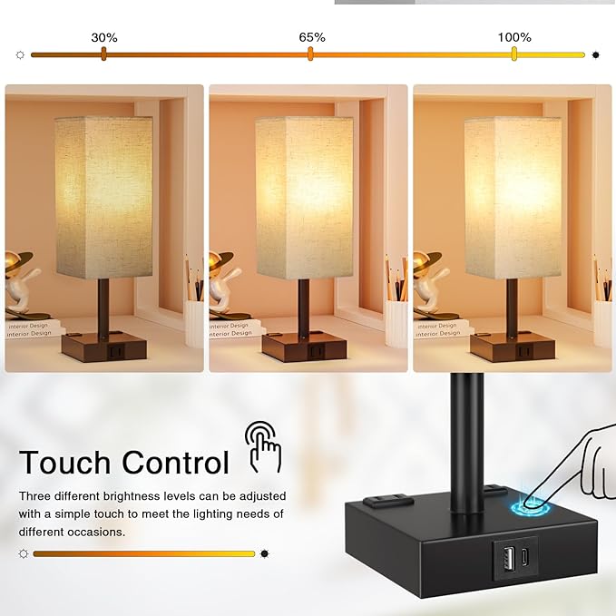 Touch Bedside Table Lamp For Nightstand - 3-Way Dimmable Night Lamp with USB A + Type C Charging Ports and two AC Outlets, Small Desk Light with E26 LED Bulb for Bedroom Living Room Dorm, BEIGE