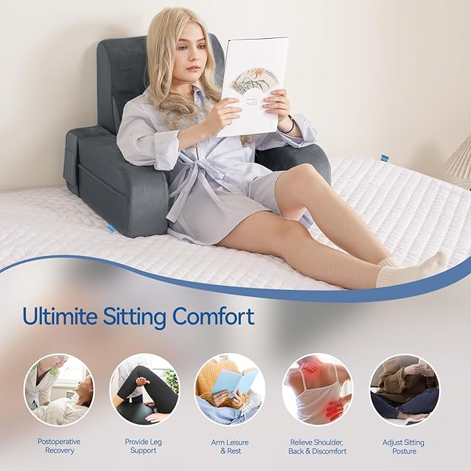 Kayfia Reading Pillow, 10 in 1 Back Pillow for Bed Sitting up with Detachable Arms Rest, Back Rest with Gel Memory Foam, Reading/Gaming/Working in Bed or Couch 21'', Gray