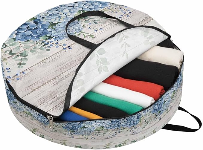 Storage Bag Blue Hydrangea Round Storage Totes Bins Closet Organizers with Zippers & Handle Green Eucalyptus Leaves Wood Grain Clothes Storage Container for Bedroom Dorm Space Saving Packing Supplies