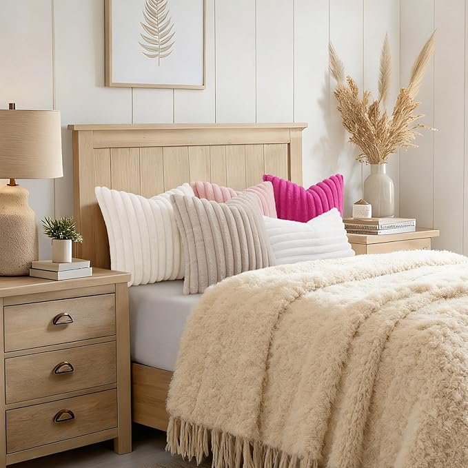 decorUhome Summer Cozy Faux Fur Throw Pillow Covers 20x20 Set of 2 Decorative Soft Plush Striped Modern Farmhouse Boho Couch Pillow Cases with Velvet Back for Sofa Bed Living Room, Cream White