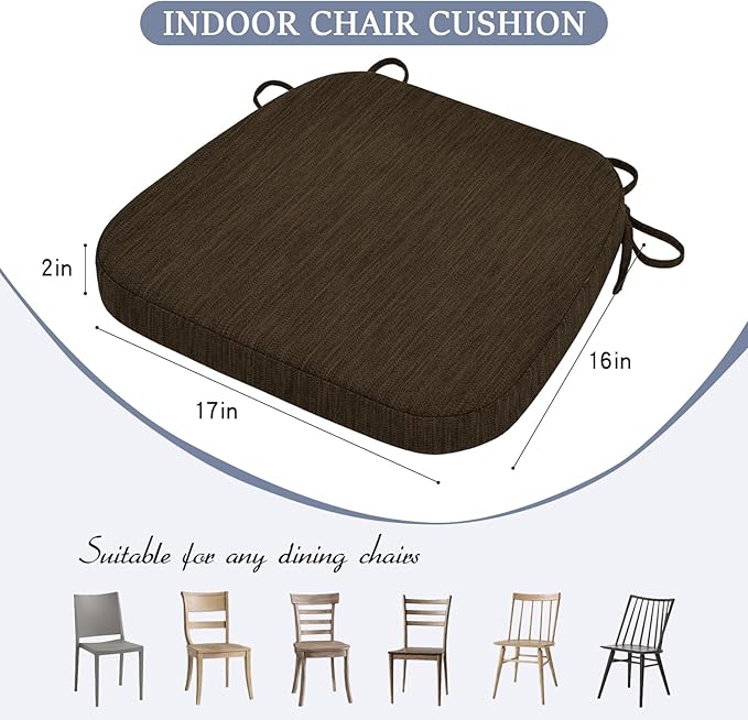 baibu Kitchen Chair Cushions Set of 2, Dual-Layer Patented Design Memory Foam Dining Chair Pads with Ties and Washable Cover, 2 Pack, 17" x 16" x 2", Dark Brown