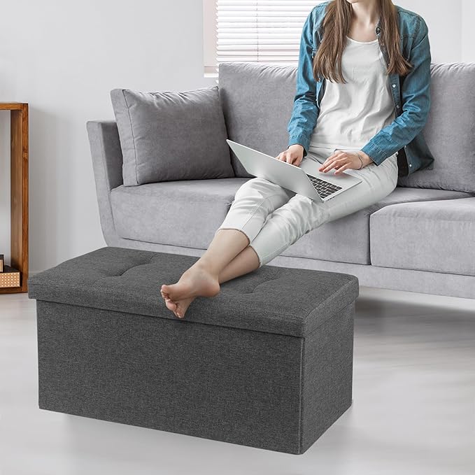 SUPER DEAL Storage Ottoman Bench, 30 Inches Folding Storage Chest Padded Seat Foot Rest Long Box for Living Room Bedroom Entryway, 660 lbs Capacity 15" x 30" x 15" Dark Grey