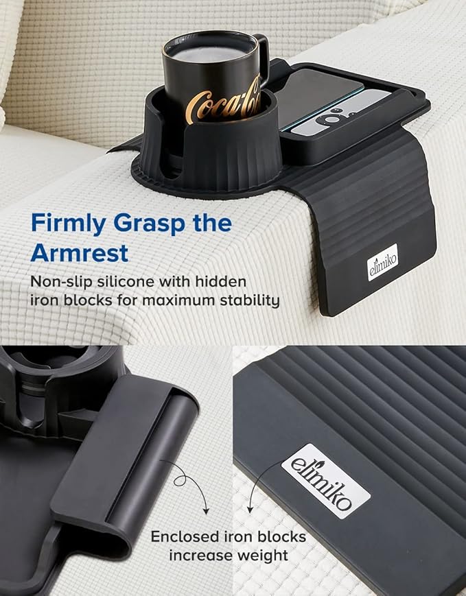 Couch Cup Holder Tray, Elimiko Silicone Sofa Drink Holder with Large Cup Holder and Tray, for Oversized Mugs/Long Remote/Snacks/Cellphone (Black)