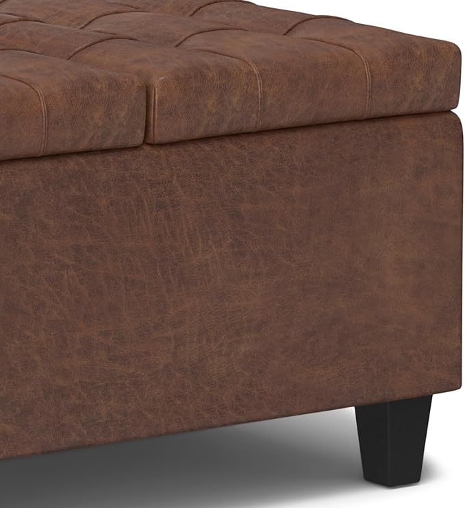 SIMPLIHOME Harrison Small Coffee Table Storage Ottoman - 30 inch Wide Upholstered Vegan Leather Square Lift-Top Ottoman in Distressed Saddle Brown, Transitional Ottoman for Living Room with Storage