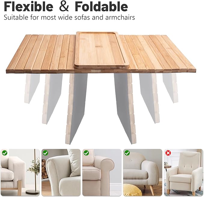 Sofa Arm Tray, Couch Arm Table, Anti-Slip Arm Rest Table for Couch, Universal/Flexible/Foldable/Portable Couch Cup Holder Tray for Drinks, Snacks, Remote