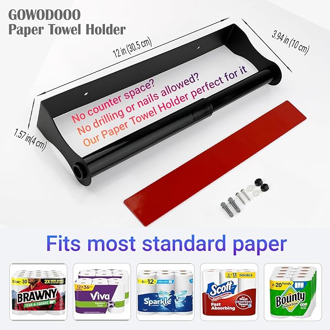 Paper Towel Holder Under Cabinet,Black Stainless Steel Under Counter Wall Mount,Paper Towel Holder,Waterproof and Rustproof Self-Adhesive Kitchen Roll Rack for Kitchen/Living Room/Bathroom