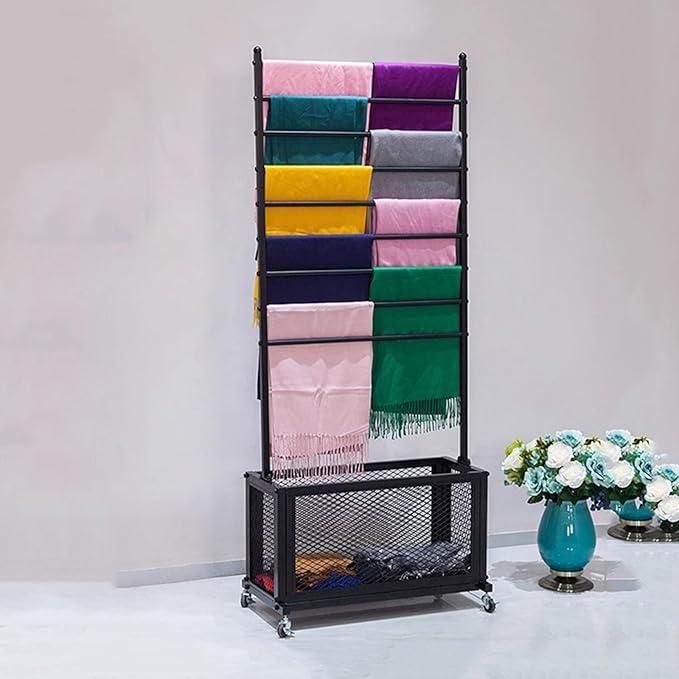 H67 Ribbon Holder Organizer Rack, Large Capacity Movable Metal Vinyl Roll/Fabric Storage with Storage Basket, Gift Wrapping Organizer Storage for Designer Artist(Black,27.56x67in)