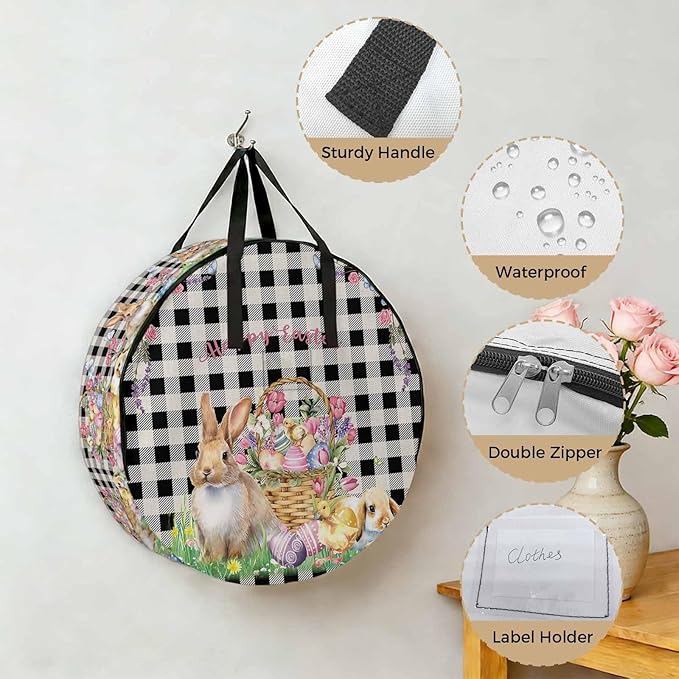 24 Inch Round Storage Bag 1 Pack,Spring Easter Bunny Eggs Flowers Waterproof Wreath Storage Container with Handles&Zipper Black and White Linen Lattice Closet Organizer Bags Garland Box