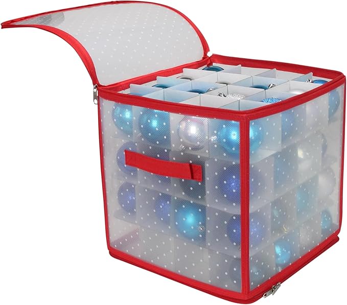 Northlight Transparent Zip Up Christmas Storage Box - 12.5" - Holds 64 Ornaments - Red and Clear