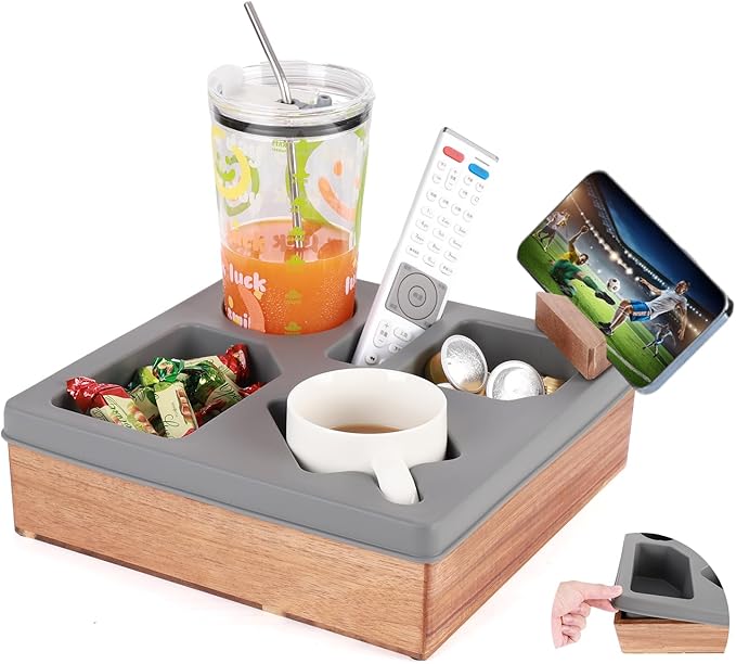 Couch Cup Holder Tray, Silicone Wooden Couch Caddy with Cup Holder for Snacks, Drinks, Remotes, Waterproof Cup Holder for Couch, Organizer, Couch Drink Holder, Sofa Cup Holder, Easter Gifts (Gray)