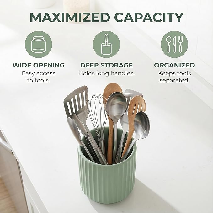 Black Utensil Holder (H5.51” x W4.92”), Ceramic Utensil Crock, Cooking Spoon Holder for Kitchen, Spatula Holder for Counter, Includes Silicone Drying Mat, Black