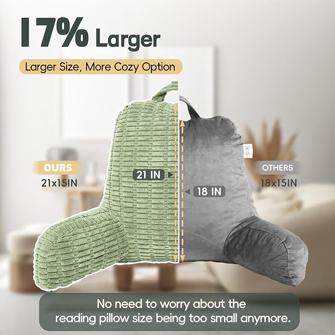 21" Higher Large Reading Pillow for Bed Adult, Back Pillow for Bed Sitting Up with Memory Foam Back Support with Arms Rest for Couch Chair Sage Green