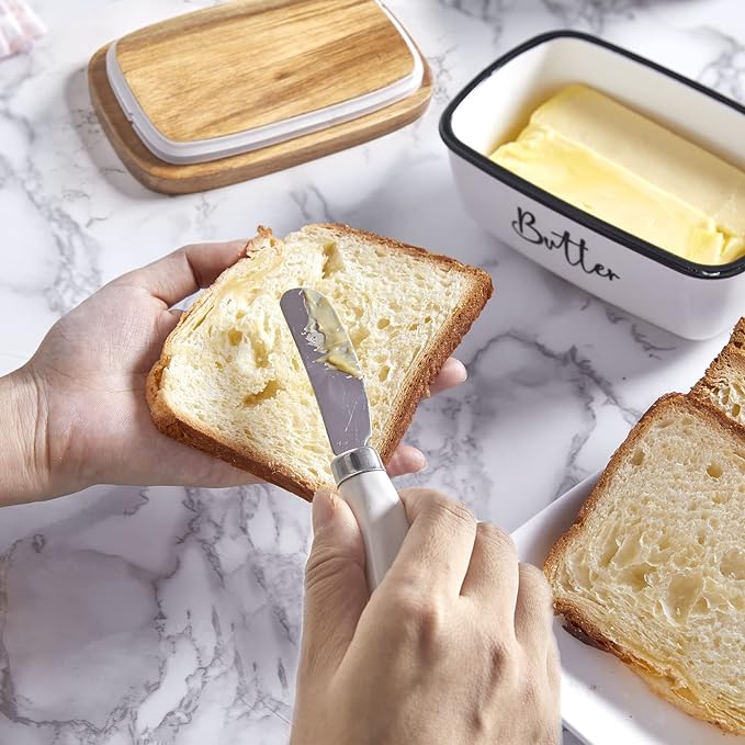 Ceramic Butter Dish with Lid and Knife for Countertop, Airtight Butter Keeper for Counter or Fridge, Butter Container with Thick Acacia Wood Lid, for Farmhouse Kitchen Decor and Accessories, White