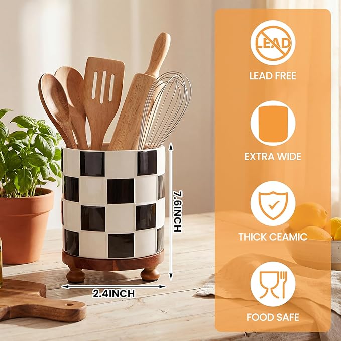 Kitchen Utensil Countertop Holder Checkered Utensil Crock with a Wooden Base 7.5 Inch Organizer Country Style Decorative for Storing Spoons Spatulas and Pot Spatulas