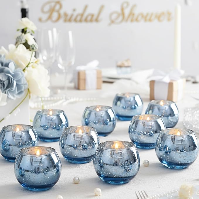 LAMORGIFT 12 Pcs Blue Votive Candle Holders- Blue Centerpieces for Tables, Round Mercury Glass Candle Holder for Bridal Shower Decorations, Wedding Decor