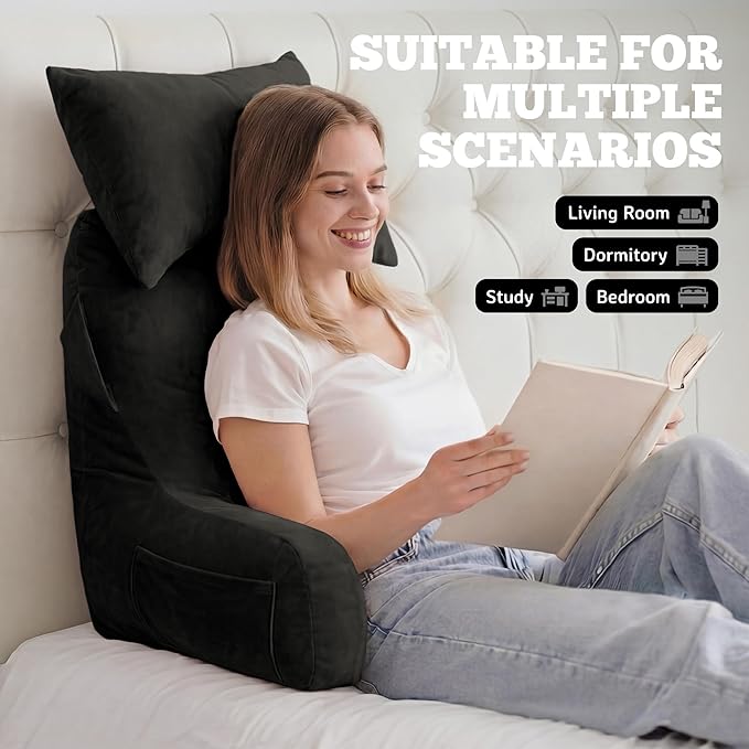 Unisakey Portable Reading Pillows with Headrest for Bed Sitting Up(Grey Oeko-Tex), Velvet Back Pillow with Arms & Pockets for Adults, Support Memory Foam Bed Pillow for Dorm/Reading/Watching/Gaming