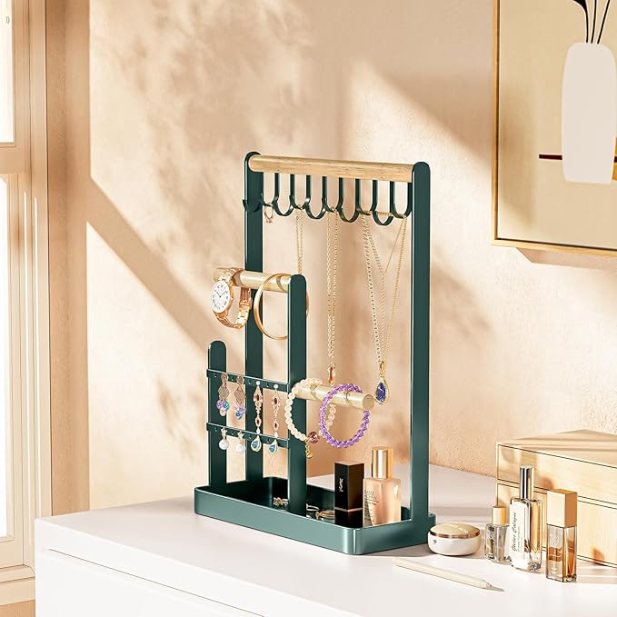 ProCase Jewelry Stand Holder Organizer, 4-Tier Necklace Holder with Ring Tray, 10 Hooks Necklaces Hanging Small Jewelry Display Storage Tower Tree for Bracelets Earrings Watches -Medium, Green