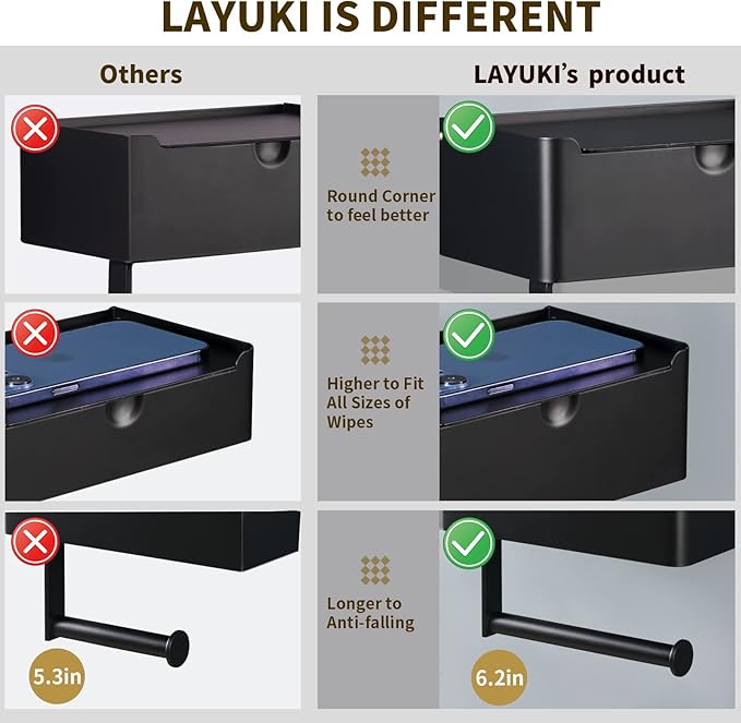 LAYUKI Toilet Paper Holder with Shelf, Wipe Holder for Bathroom, Large, Stainless Steel, Wall Mounted, Matt Black, Upgraded Toilet Paper Holder