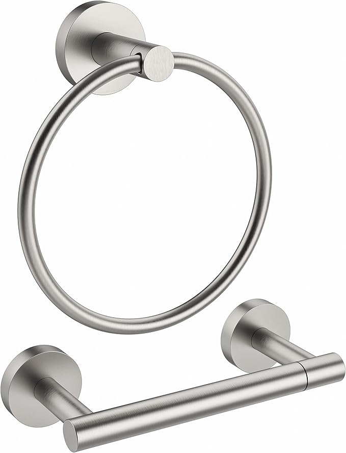 RARXTR Brushed Toilet Paper Holder & Towel Ring SUS304 Stainless Steel 2pc Bathroom Hardware Set with Double Post Pivoting Toilet Paper Roll Holder Wall Mount & Bathroom Towel Holder Set