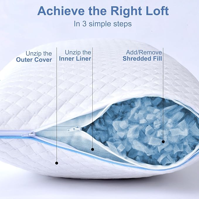 Shredded Memory Foam Pillows for Sleeping 2 Pack - Cooling Bed Pillows King Size Set of 2 - Firm Pillow for Side and Back Sleepers Adjustable Gel Pillow with Removable Cover