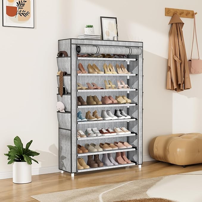 VILICK Shoe Rack with Cover, 8 Tier Tall Shoe Organizer Storage for 36-45 Pair Shoes and Boots Large Shoe Storage Shelf Free Standing Shoe Rack for Closet, Front Door Entrance, Dorm, Garage, Printing