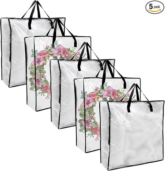 5 Pack Moving Bags, Wreath Storage Bag, Garland Container, Clear Storage Bags with Handles and Zippers Moving Bag for College Carrying, Bedding, Gift Organizer, Under the Bed Storages