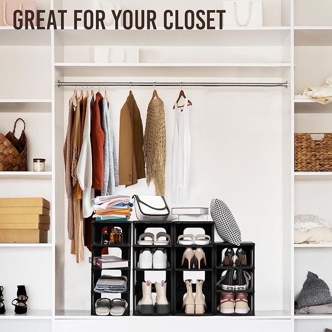 TRZZ 5-Tier Small Shoe Rack, Vertical Narrow Stackable Organizer with Removable Partition, Efficient Shoe Storage for Closet, Entryway, and Small Spaces (Black)