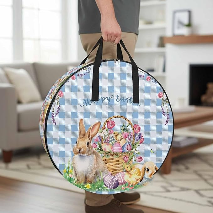 30 Inch Round Storage Bag 1 Pack,Happy Easter Eggs Rabbit Chick Waterproof Wreath Storage Container with Handles&Zipper Spring Flowers Blue Checkered Closet Organizer Bags Garland Box