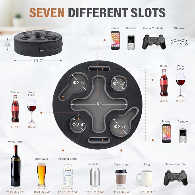 Couch Cup Holder-Sofa Cup Holder Pillow | Couch Caddy Buddy | Drinks Cupholder Tray Organizer for Bed, Rv, Tv, Car, Man Cave, Boat, Remote, Snacks| Gift for Couch Potato,Newborns' Partent (Grey)