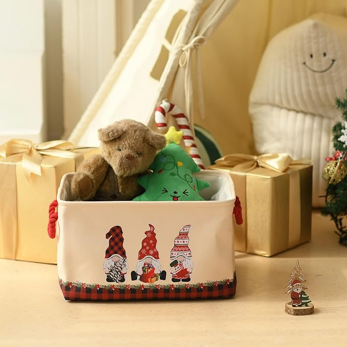 INough Christmas Baskets for Gifts Empty, Christmas Gnomes Basket, Large Gifts Bags for Holiday Ornaments Collapsible Storage Bins with Drawstring for Kidsroom (Medium, Three Gnomes)