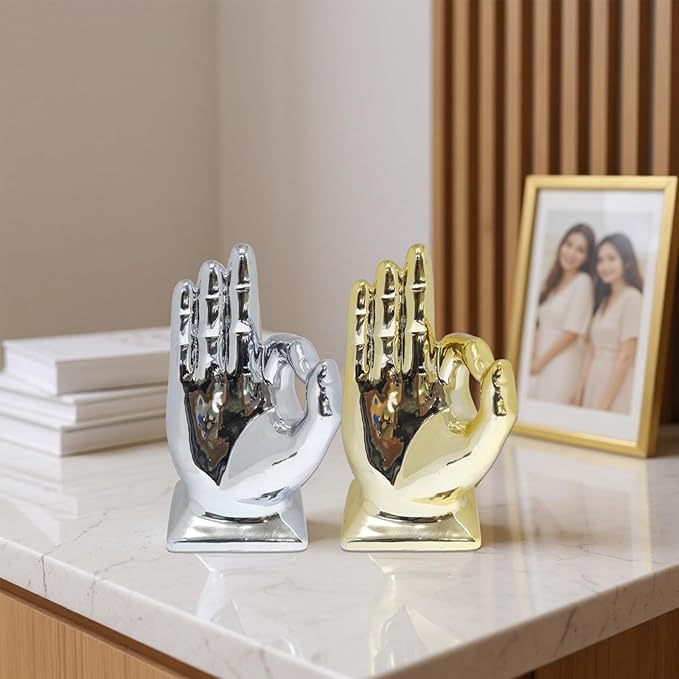 Zerzsy 2 Pack Gold Decor Finger Gesture Statues, “OK” Hands Sculpture Decor for Home Living Room Office,Sculptures Decorative Objects for Bookshelf Shelves Desk Table-Gold & Silver