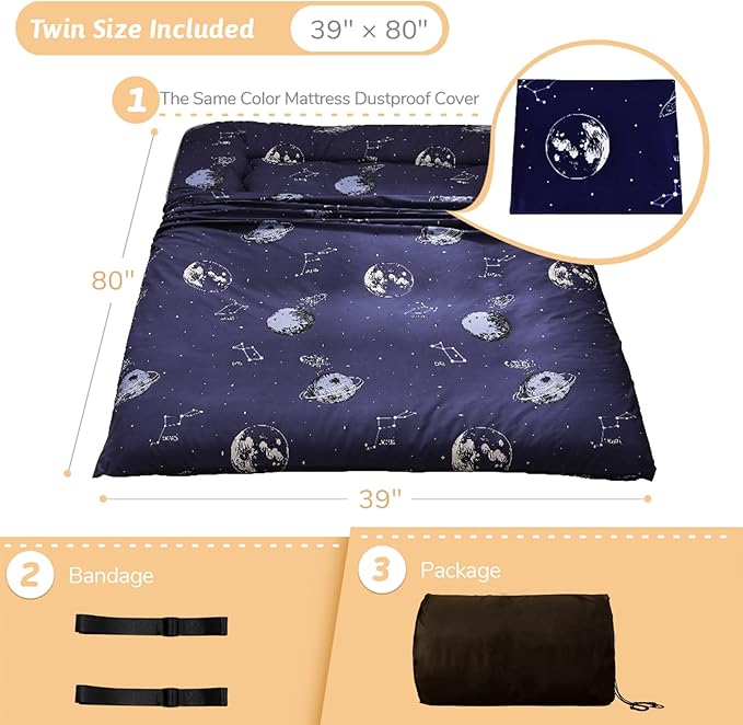 MAXYOYO Navy Space Adventure Japanese Floor Futon Mattress, Thicken Tatami Mat Sleeping Pad Foldable Roll Up Mattress Floor Lounger Couches and Sofas for Kids Twin Size